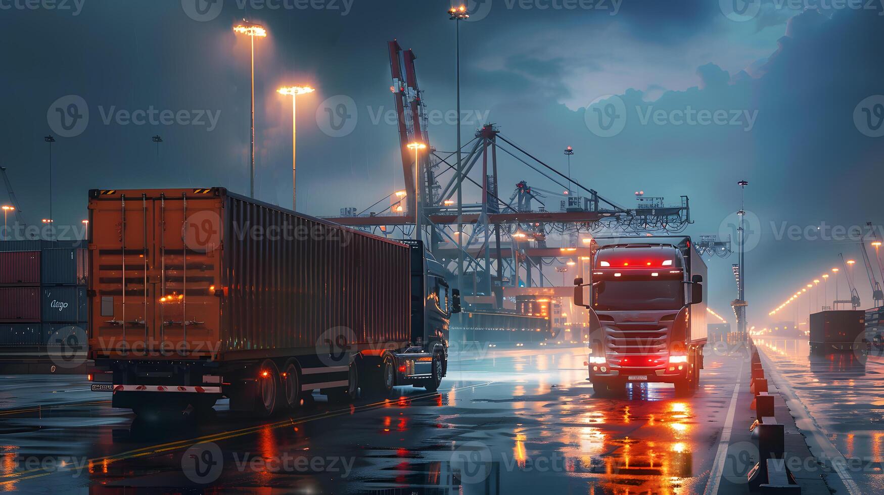 AI generated Truck trailer on the pier in the cargo port terminal with cranes and containers. AI Generated photo