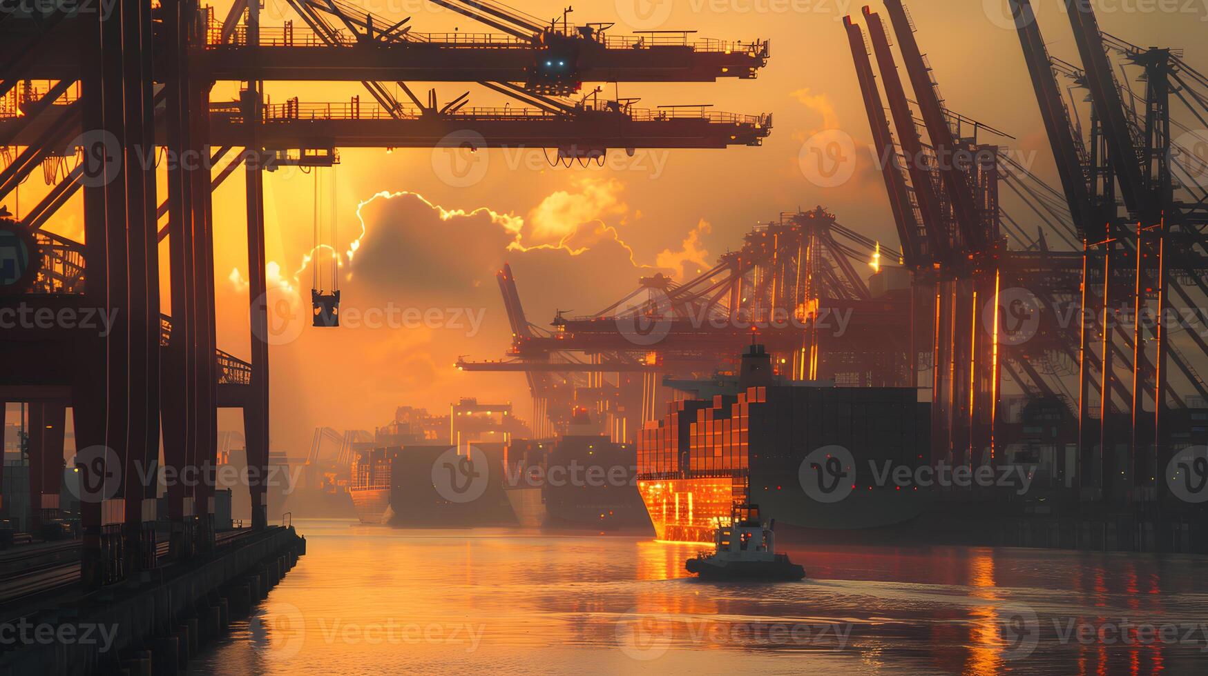 ai generado un Embarcacion para transportar carga contenedores y además descarga eso a el muelles de un carga puerto. ai generado foto