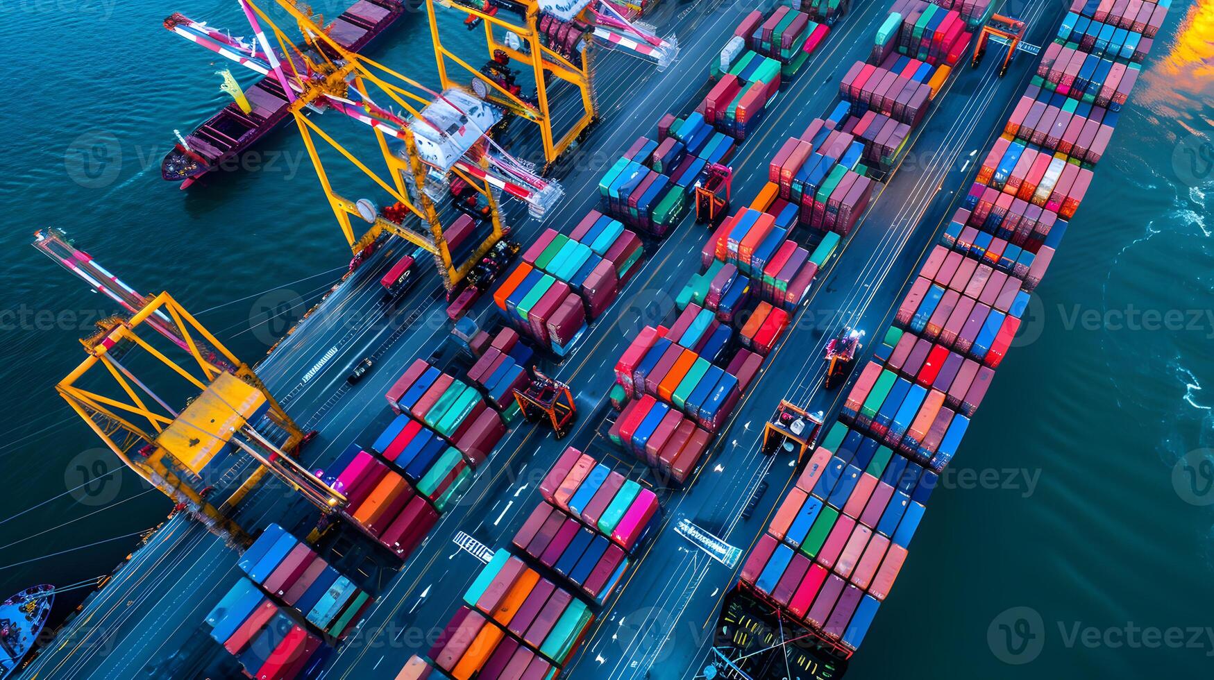 AI generated A ship for transporting cargo containers and also unloading it at the docks of a cargo port. AI Generated photo