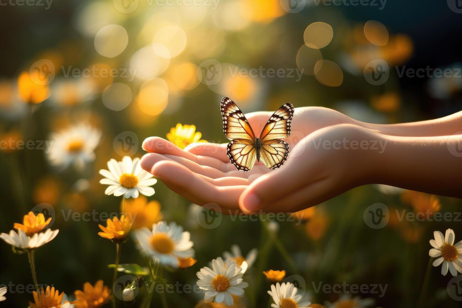 AI Generated Person Holding Butterfly in Hand photo