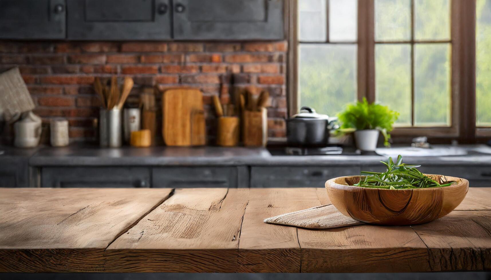 AI generated Table kitchen for product presentation photo
