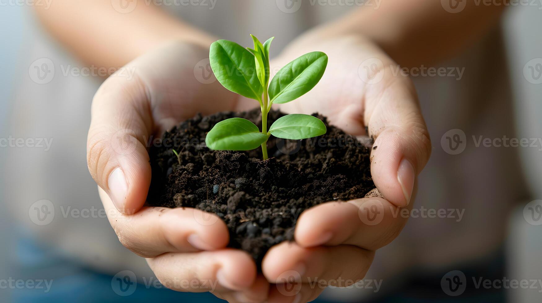 AI generated Human palms hold soil with a green small plant as a concept for business development. AI Generated photo