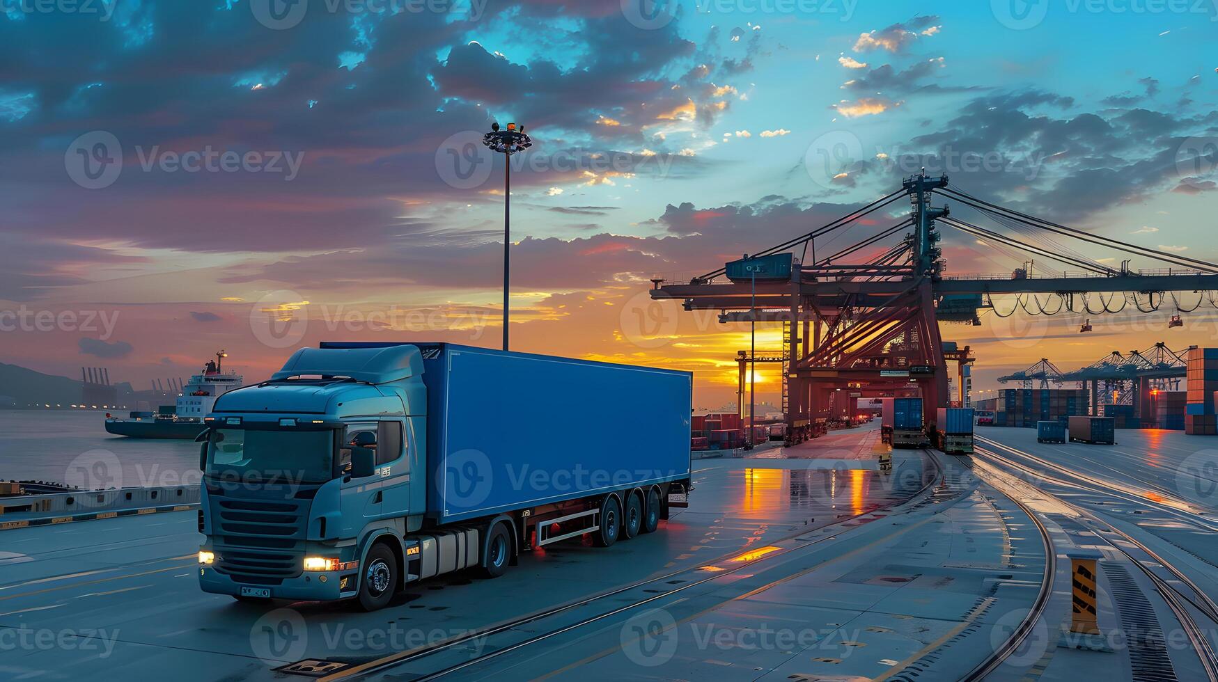 AI generated Truck trailer on the pier in the cargo port terminal with cranes and containers. AI Generated photo