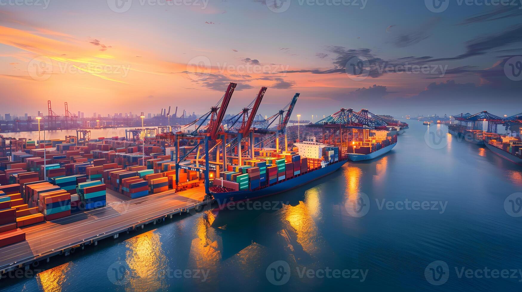 AI generated A ship for transporting cargo containers and also unloading it at the docks of a cargo port. AI Generated photo
