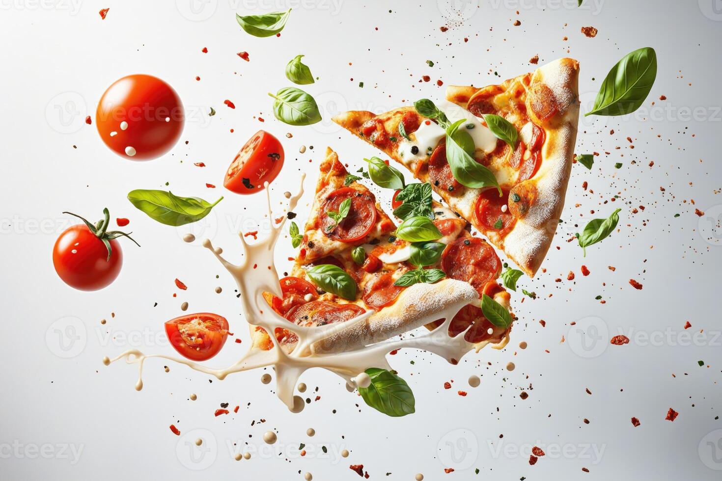 AI generated A delicious pizza with various toppings such as bacon, tomatoes, and basil leaves, falling from the sky. photo