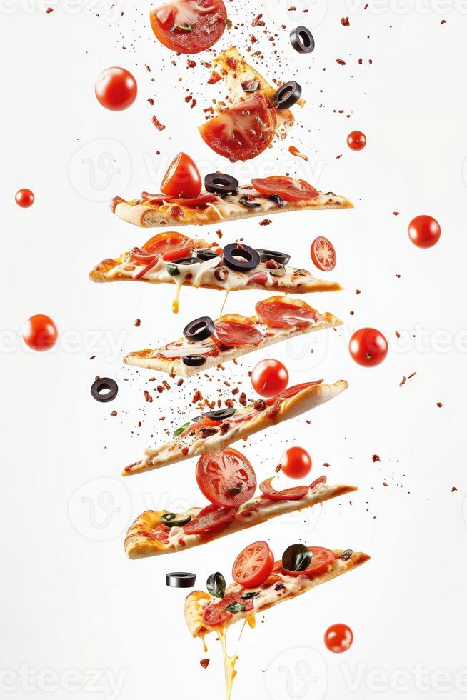 AI generated A delicious pizza with various toppings such as bacon, tomatoes, and basil leaves, falling from the sky. photo