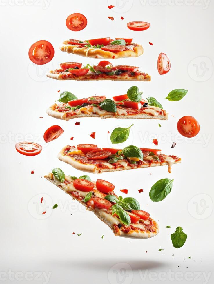 AI generated A delicious pizza with various toppings such as bacon, tomatoes, and basil leaves, falling from the sky. photo