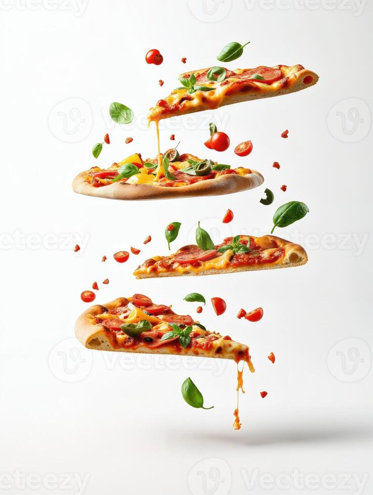 AI generated A delicious pizza with various toppings such as bacon, tomatoes, and basil leaves, falling from the sky. photo