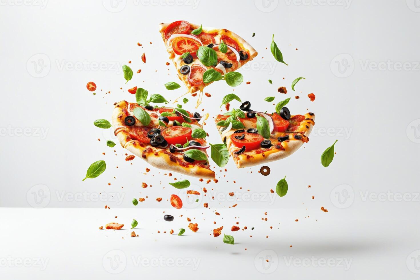 ai generado un delicioso Pizza con varios coberturas tal como tocino, Tomates, y albahaca hojas, que cae desde el cielo. foto