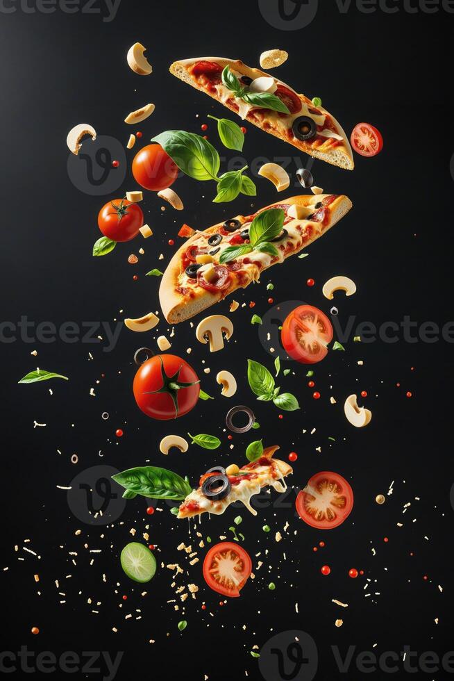 AI generated A delicious pizza with various toppings such as bacon, tomatoes, and basil leaves, falling from the sky. photo