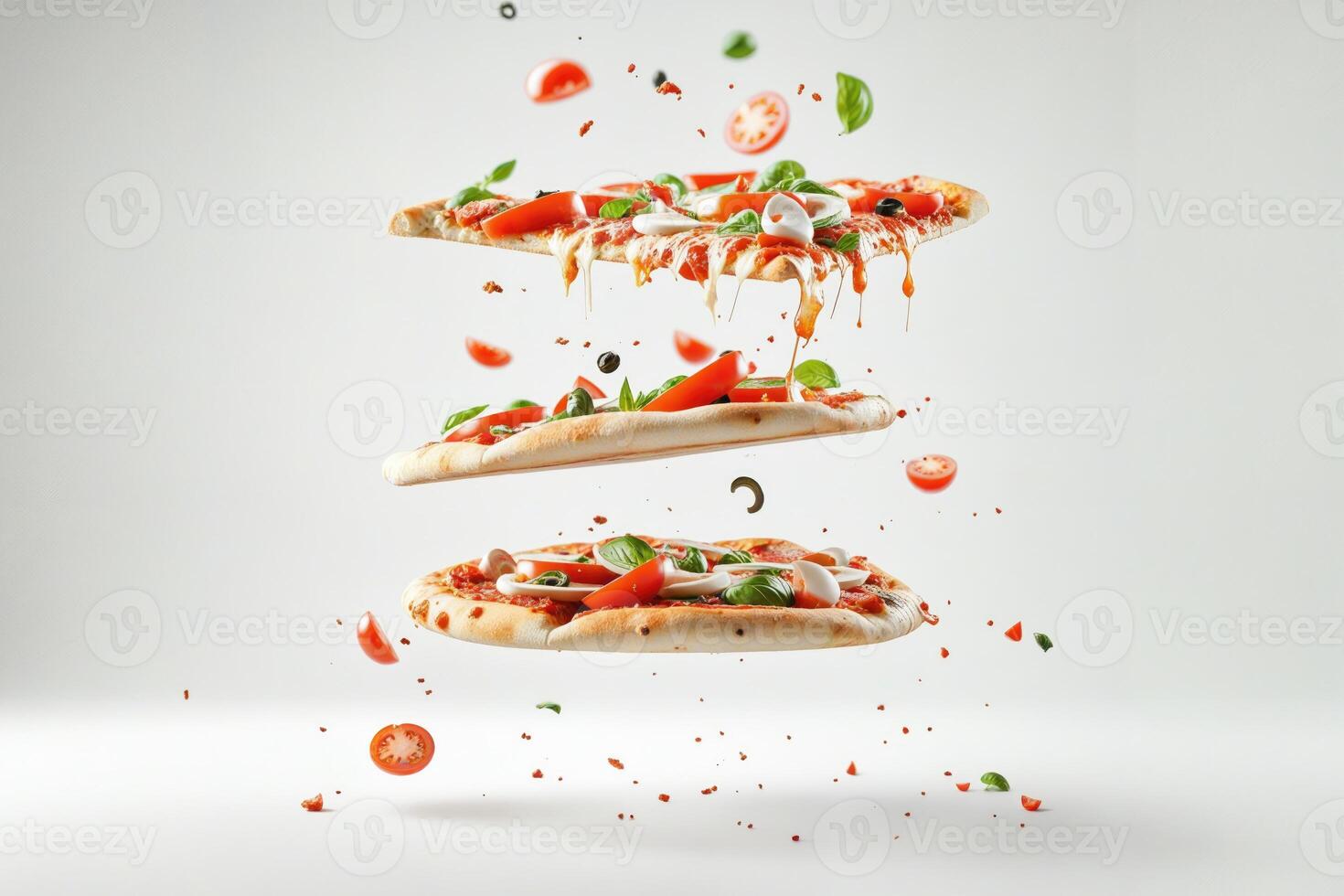 AI generated A delicious pizza with various toppings such as bacon, tomatoes, and basil leaves, falling from the sky. photo