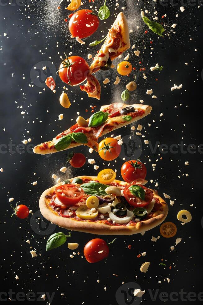 AI generated A delicious pizza with various toppings such as bacon, tomatoes, and basil leaves, falling from the sky. photo