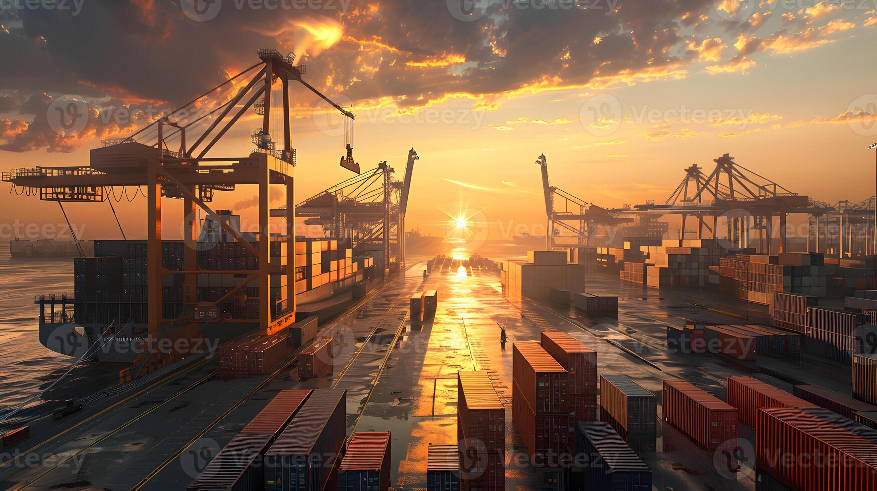 AI generated A ship for transporting cargo containers and also unloading it at the docks of a cargo port. AI Generated photo