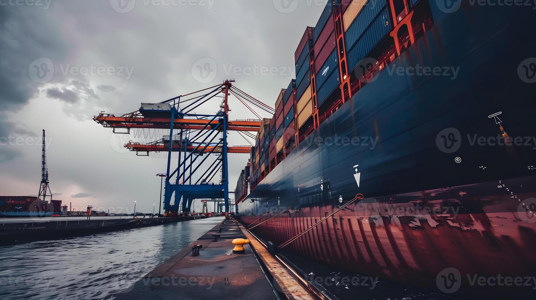 AI generated A ship for transporting cargo containers and also unloading it at the docks of a cargo port. AI Generated photo