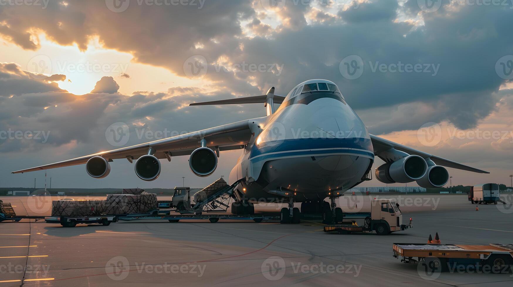 AI generated A cargo plane at the airport docks loads or unloads cargo. AI Generated photo