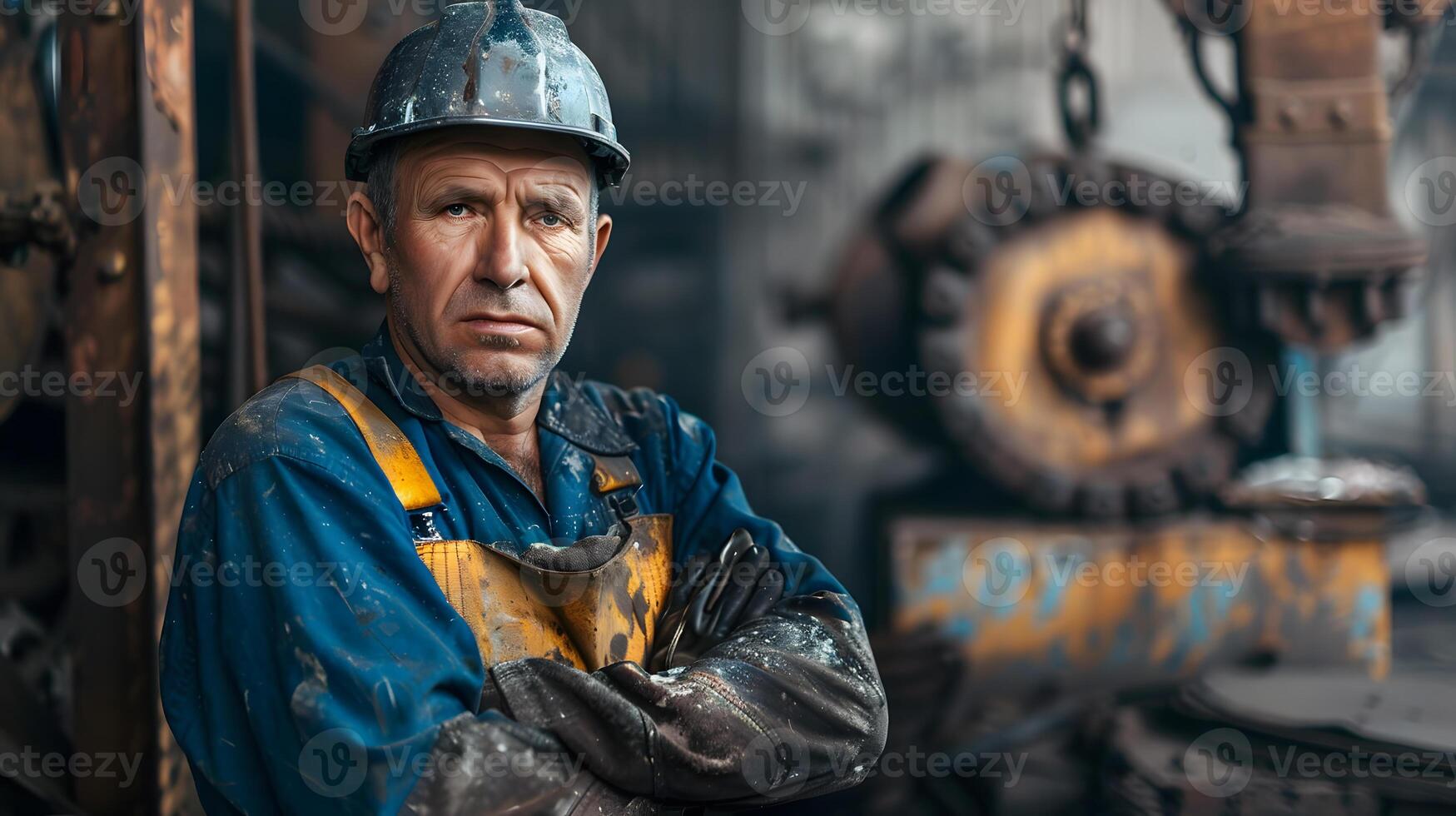 AI generated Portrait of a working man in a uniform and a hard hat. AI Generated photo