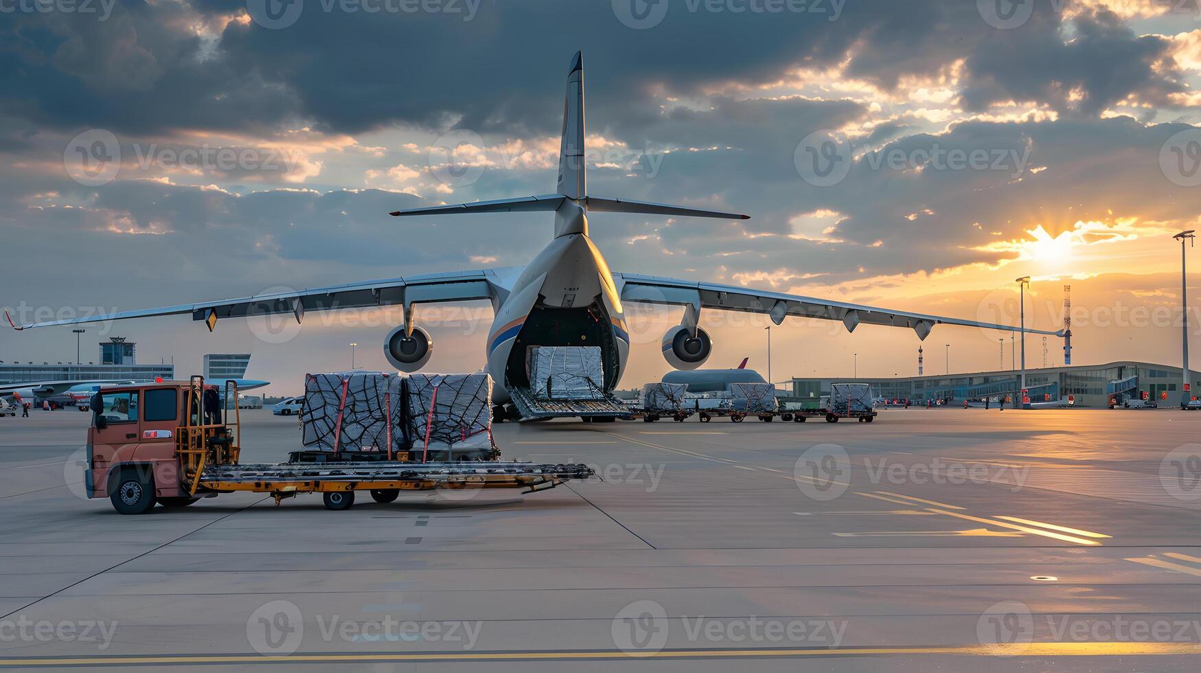 AI generated A cargo plane at the airport docks loads or unloads cargo. AI Generated photo