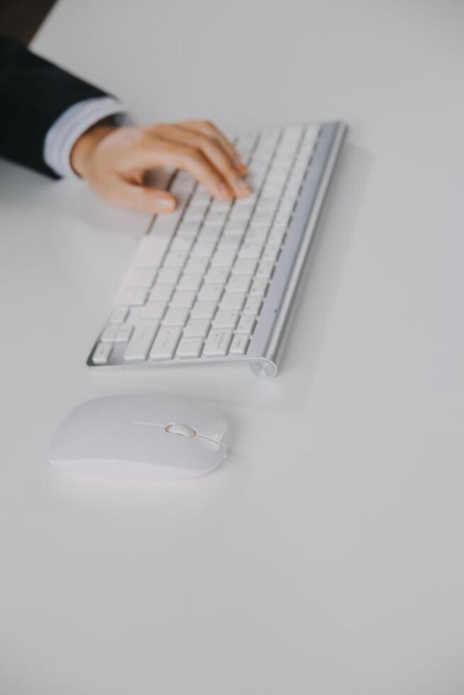 Communication support, call center and customer service help desk. VOIP headset on telephone keyboard. photo