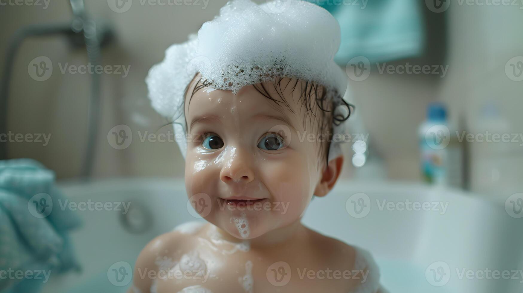 ai generado un linda pequeño niño con pequeño espuma en su cabeza. ai generado foto