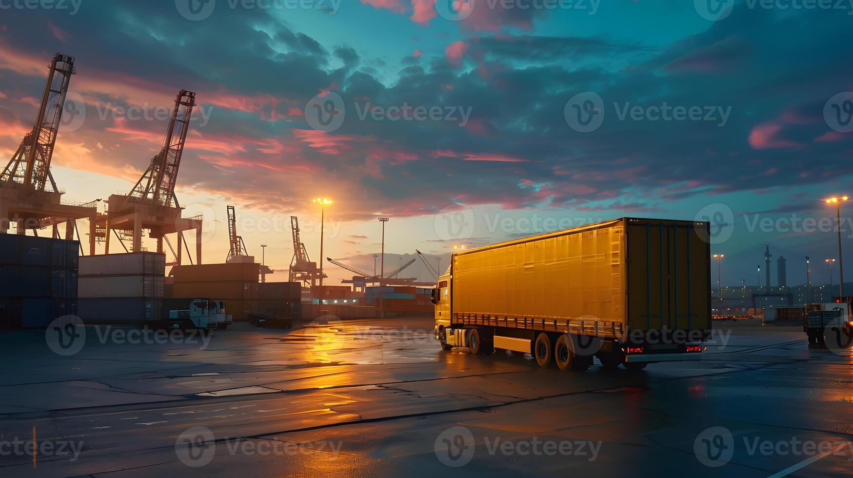 AI generated Truck trailer on the pier in the cargo port terminal with cranes and containers. AI Generated photo