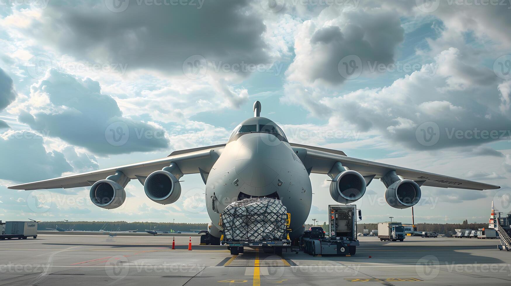 AI generated A cargo plane at the airport docks loads or unloads cargo. AI Generated photo