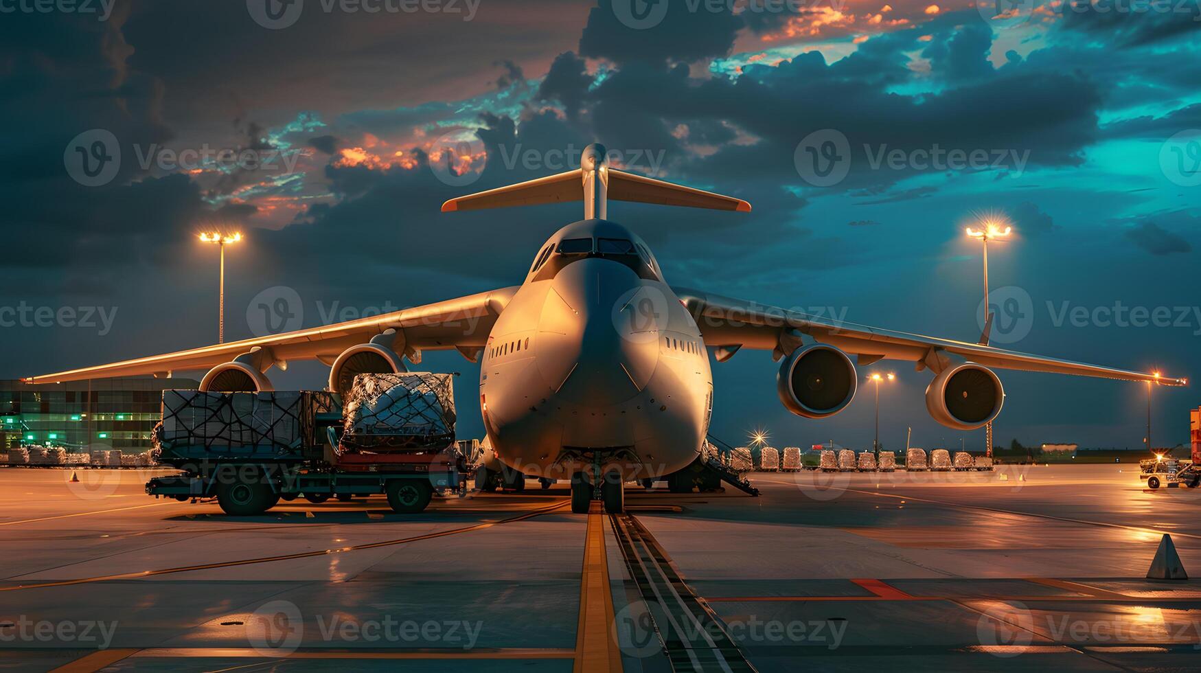 AI generated A cargo plane at the airport docks loads or unloads cargo. AI Generated photo