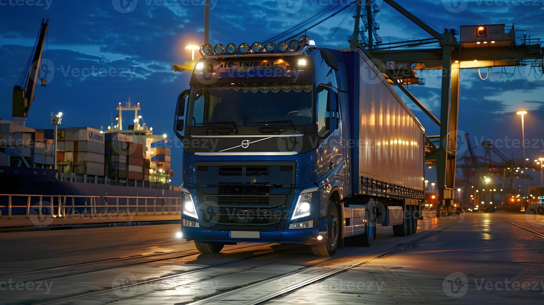 AI generated Truck trailer on the pier in the cargo port terminal with cranes and containers. AI Generated photo