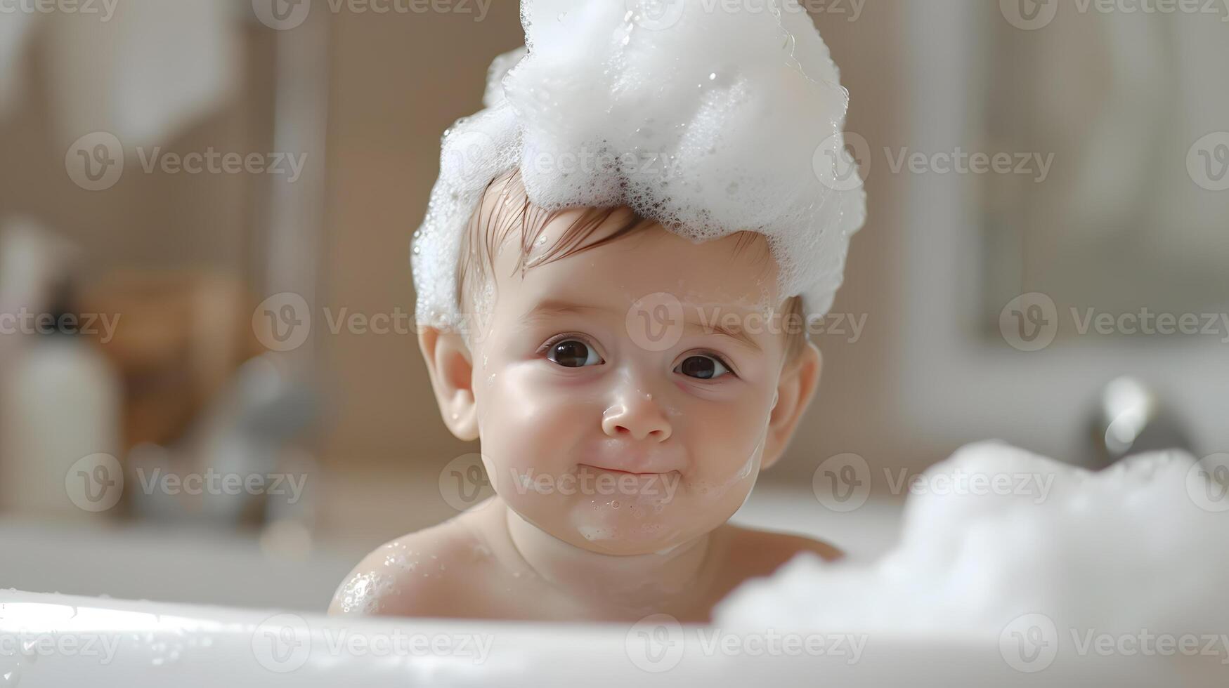 ai generado un linda pequeño niño con pequeño espuma en su cabeza. ai generado foto