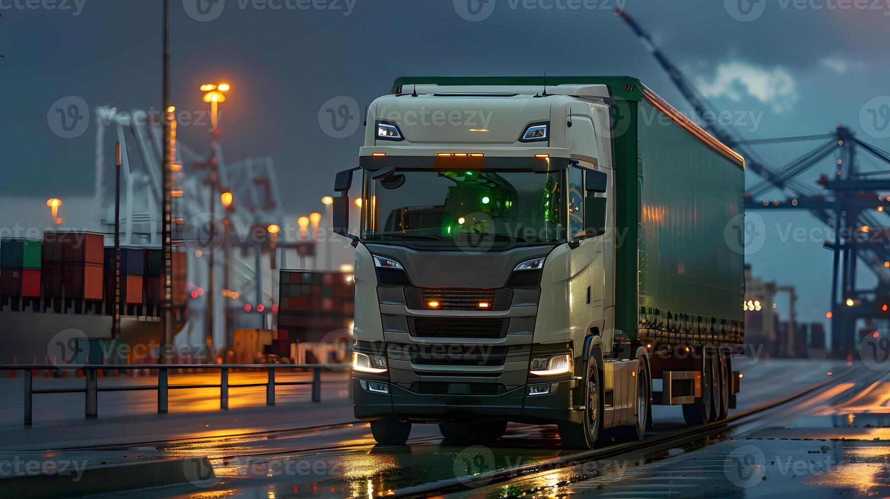 AI generated Truck trailer on the pier in the cargo port terminal with cranes and containers. AI Generated photo
