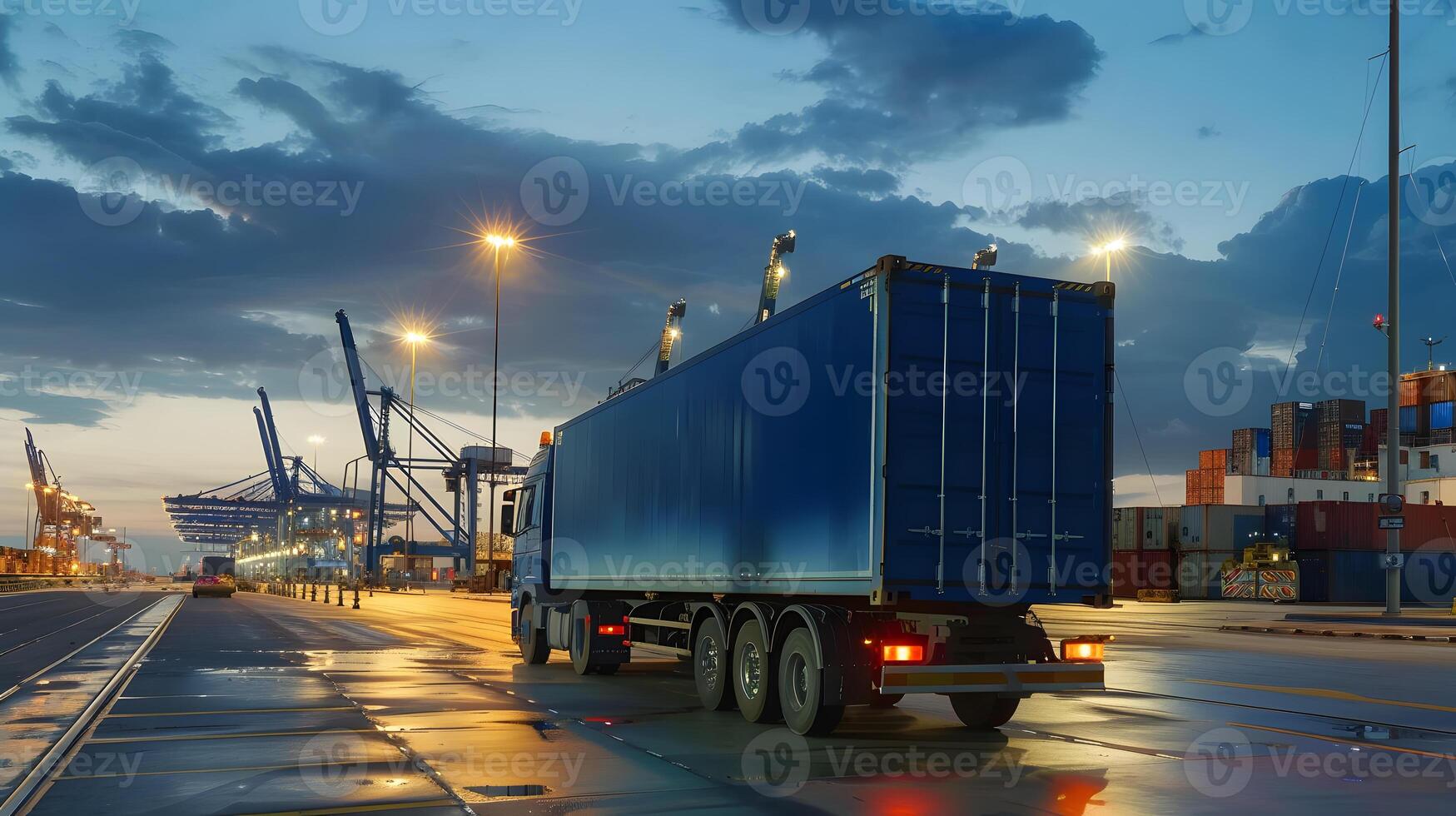 AI generated Truck trailer on the pier in the cargo port terminal with cranes and containers. AI Generated photo