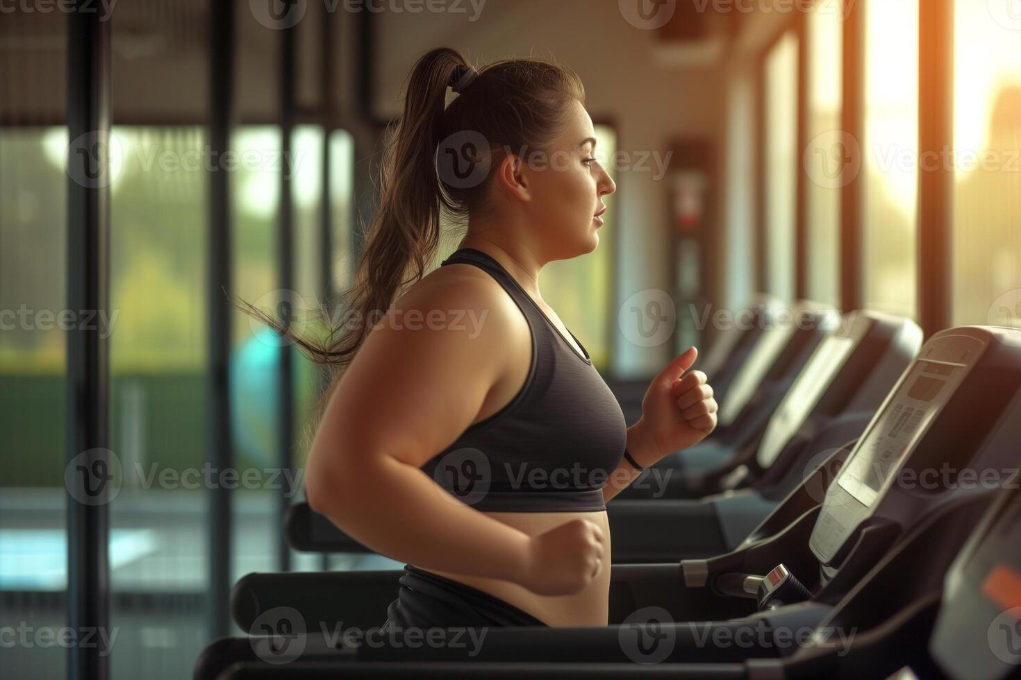 AI generated Plus size woman running on the treadmill at the gym. Exercise, healthy lifestyle and lose weight photo