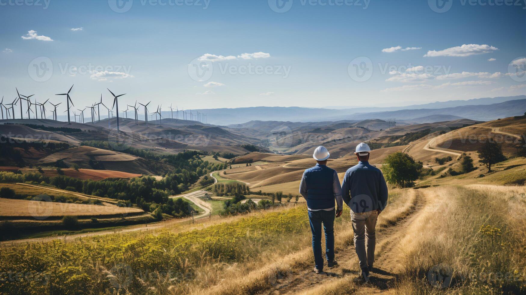 AI generated Engineers in protective headgear surveying wind turbines with rolling hills as a backdrop, highlighting the flourishing wind energy sector. photo
