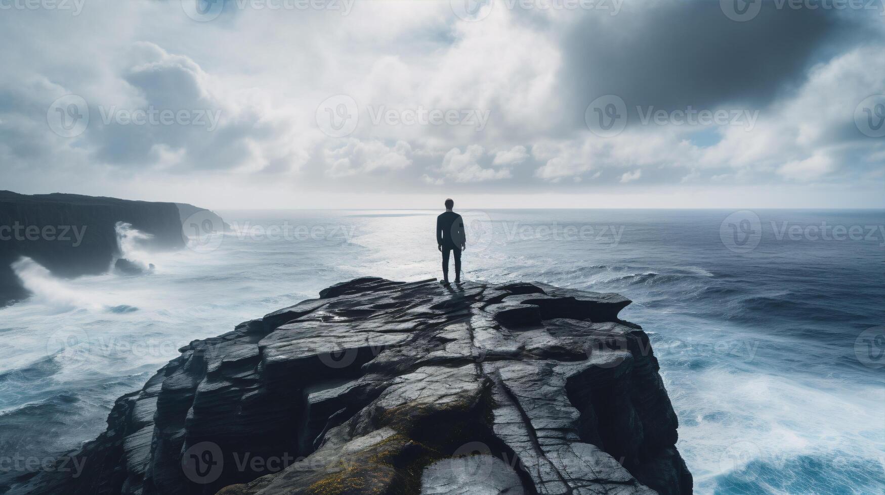 AI generated A person perched on a precipice viewing roaring surf pounded against stones beneath, signifying their reflective temperament. photo