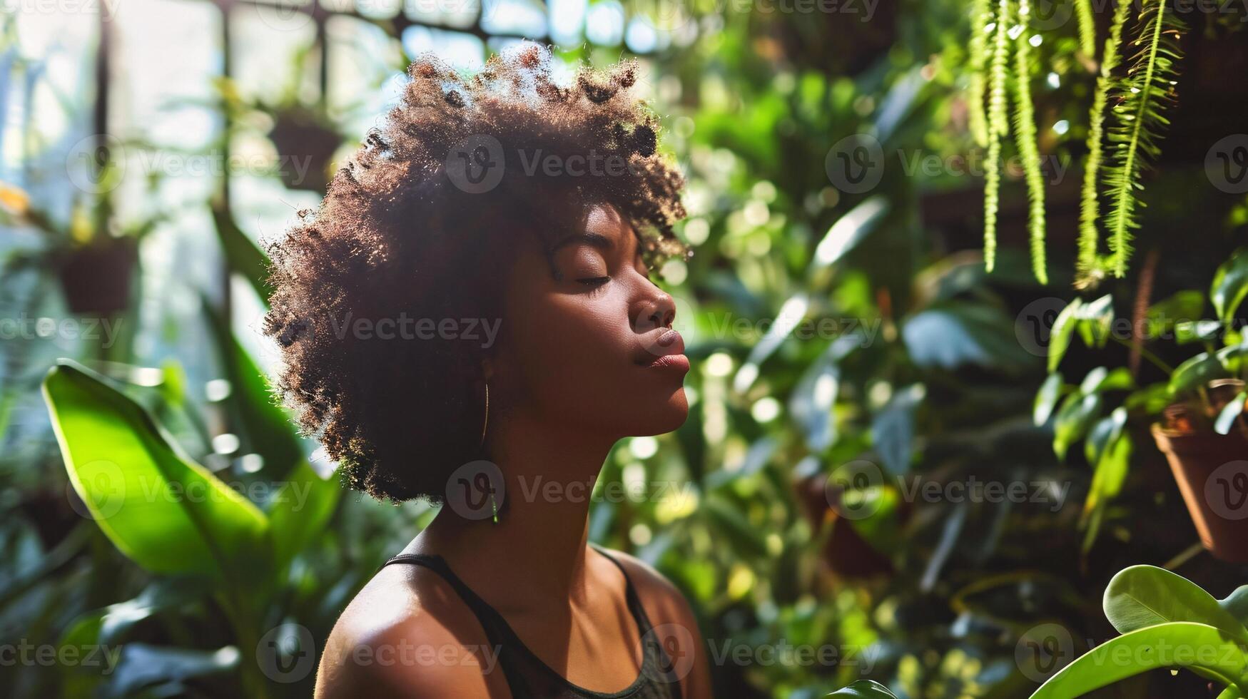 AI generated Achieve harmony and calmness as you inhale and appreciate nature with a serene, African lady in a lush indoor garden. photo
