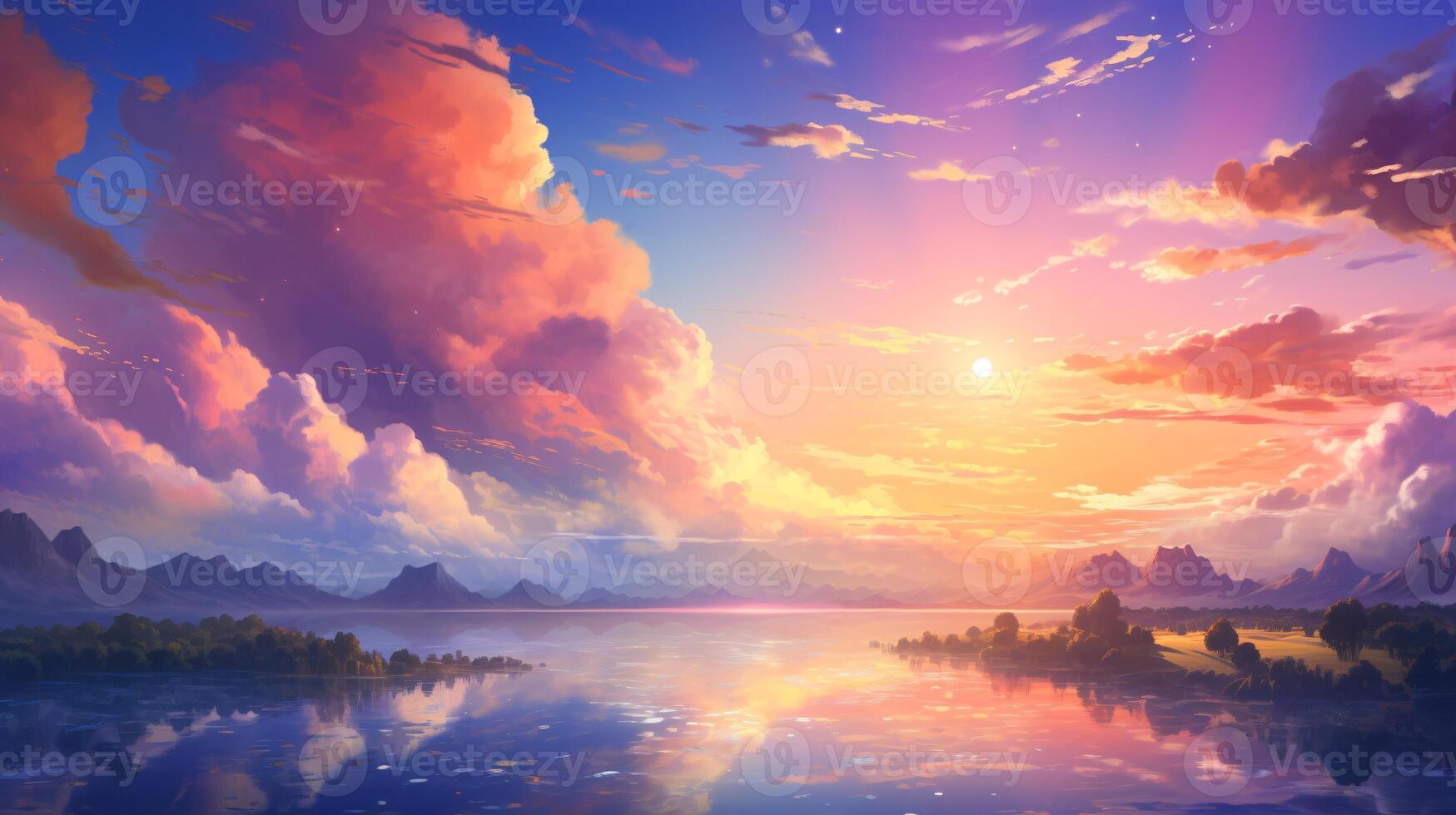 AI generated Vibrant anime-inspired oil painting of a stunning, magical landscape with colorful skies, clouds, and sunset. photo