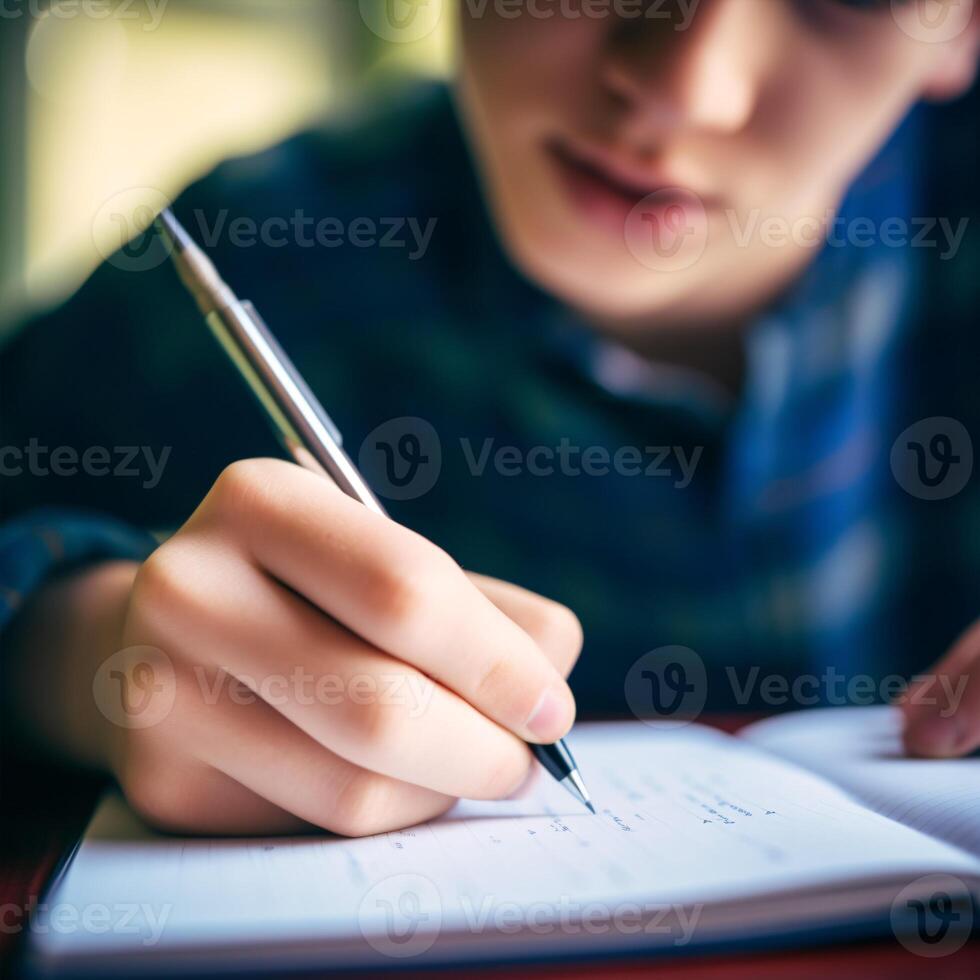 AI generated A genuine extreme close-up of a juvenile avidly scribbling in a journal a concept of education. photo