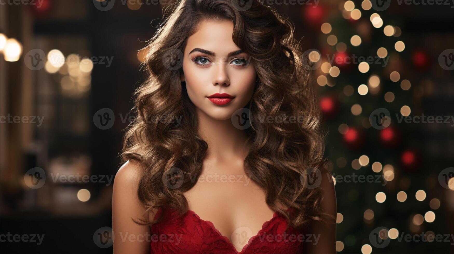 AI generated A glamorous brunette in a scarlet gown flaunting lustrous curls is posed against a festive backdrop. photo
