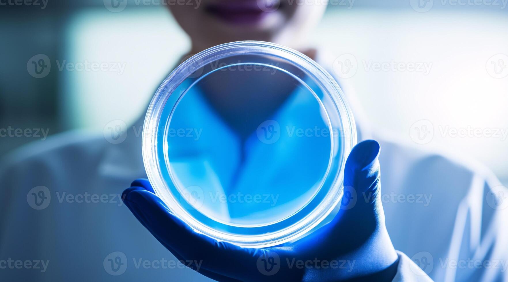 AI generated A female scientist inspects a beaker of azure fluid in a lab, granting ample space for copy. photo