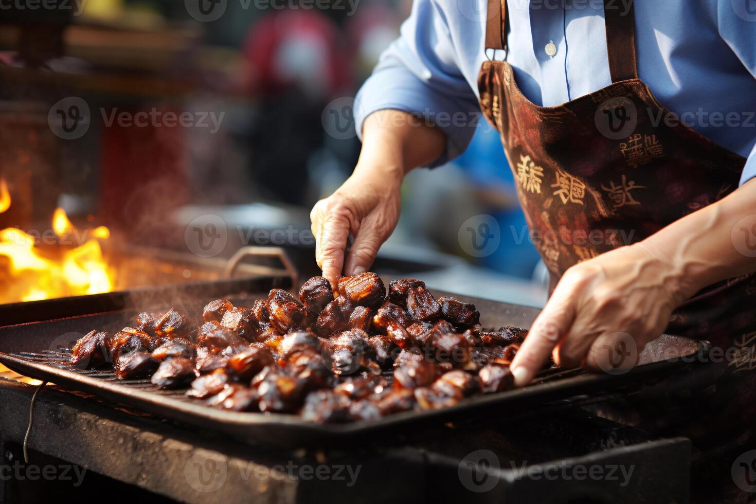 AI generated A man worker roasting chestnuts in the street in Chinatown with a close-up hand movement. photo