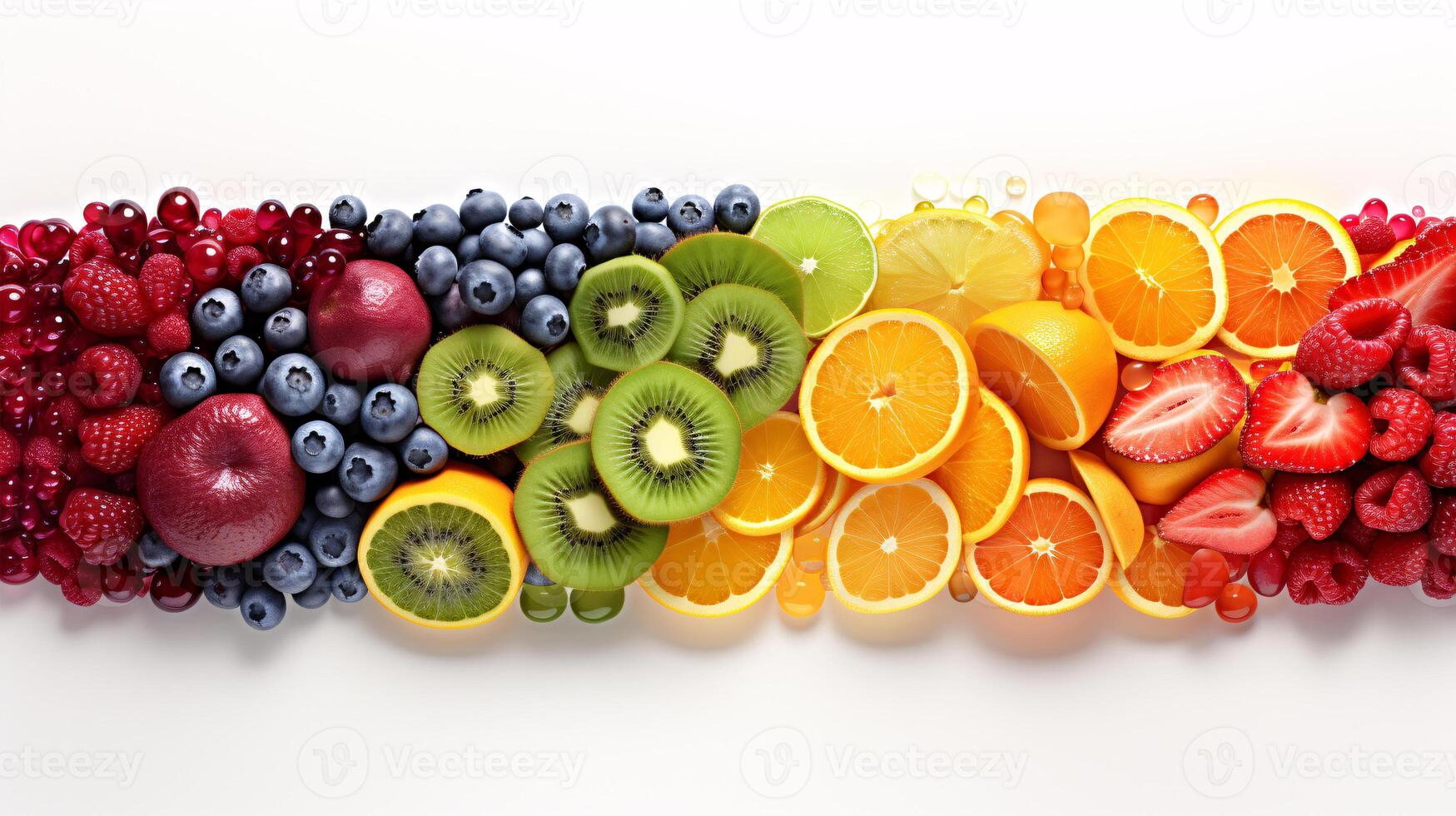 AI generated A colorful, imaginative arrangement of fruits, sorted by hues, is displayed on a blank canvas. photo
