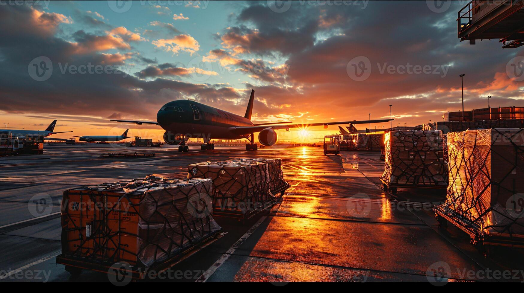 ai generado aire carga contenedores siendo cargado sobre un avión para aire envío en un lo último carga chorro a el aeropuerto. foto