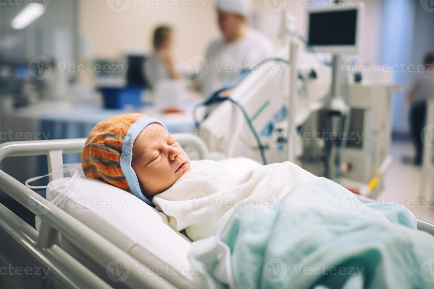 AI generated Adorable Caucasian infant resting in a hospital crib with an identification bracelet on the ankle. Symbolizing health, pregnancy, and motherhood. photo