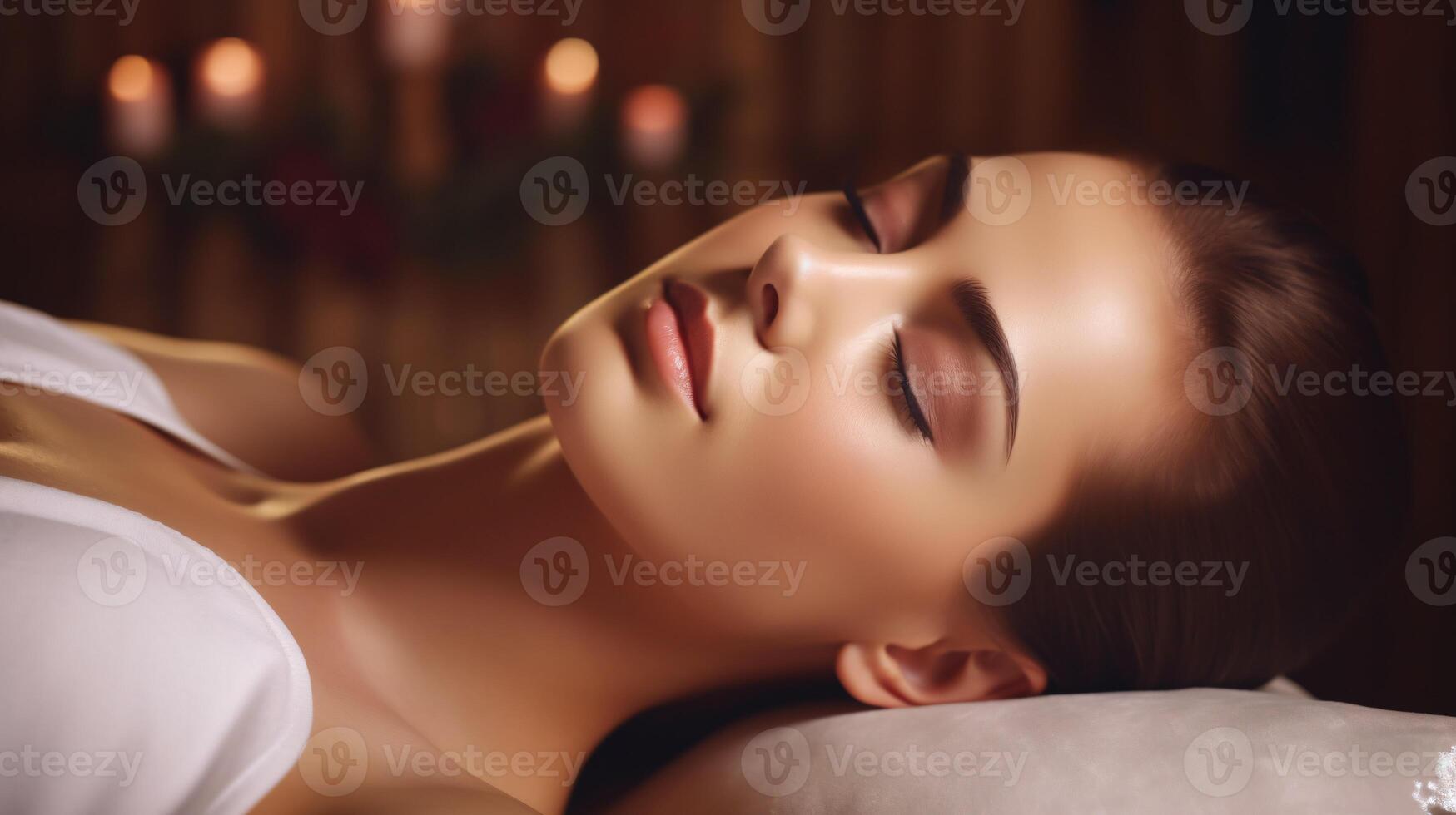 AI generated Attractive woman indulging in spa services, lying on massage table with eyes shut, experiencing skin rejuvenation and wellness. photo