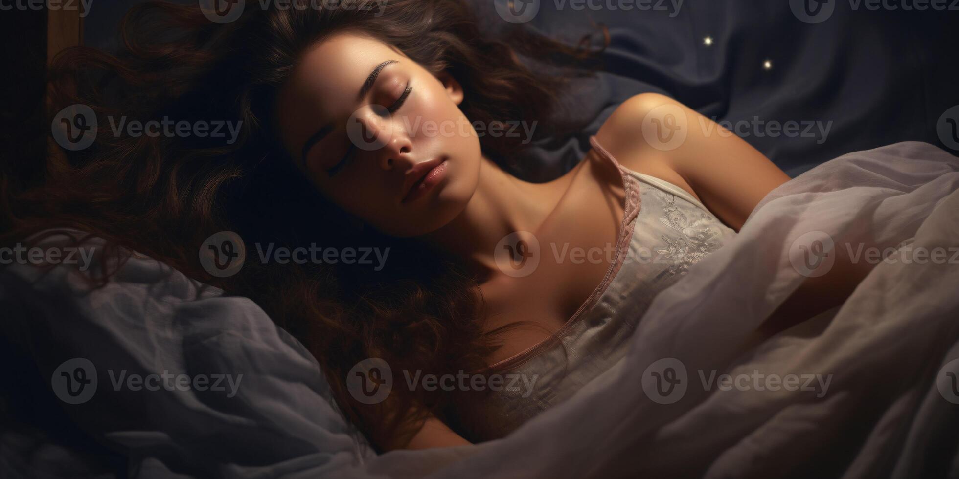 AI generated Stunning, youthful lady dozing in bed during the evening. photo