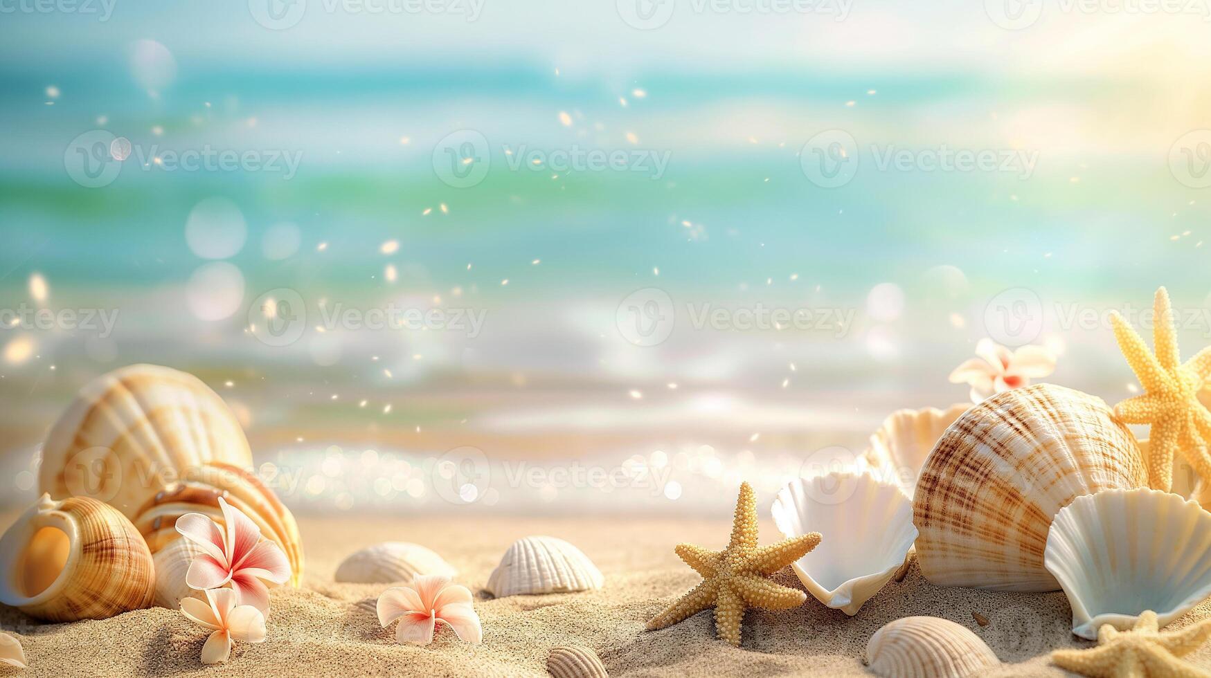 AI generated sea shells and starfish on sand on the sandy beach. Summer background photo