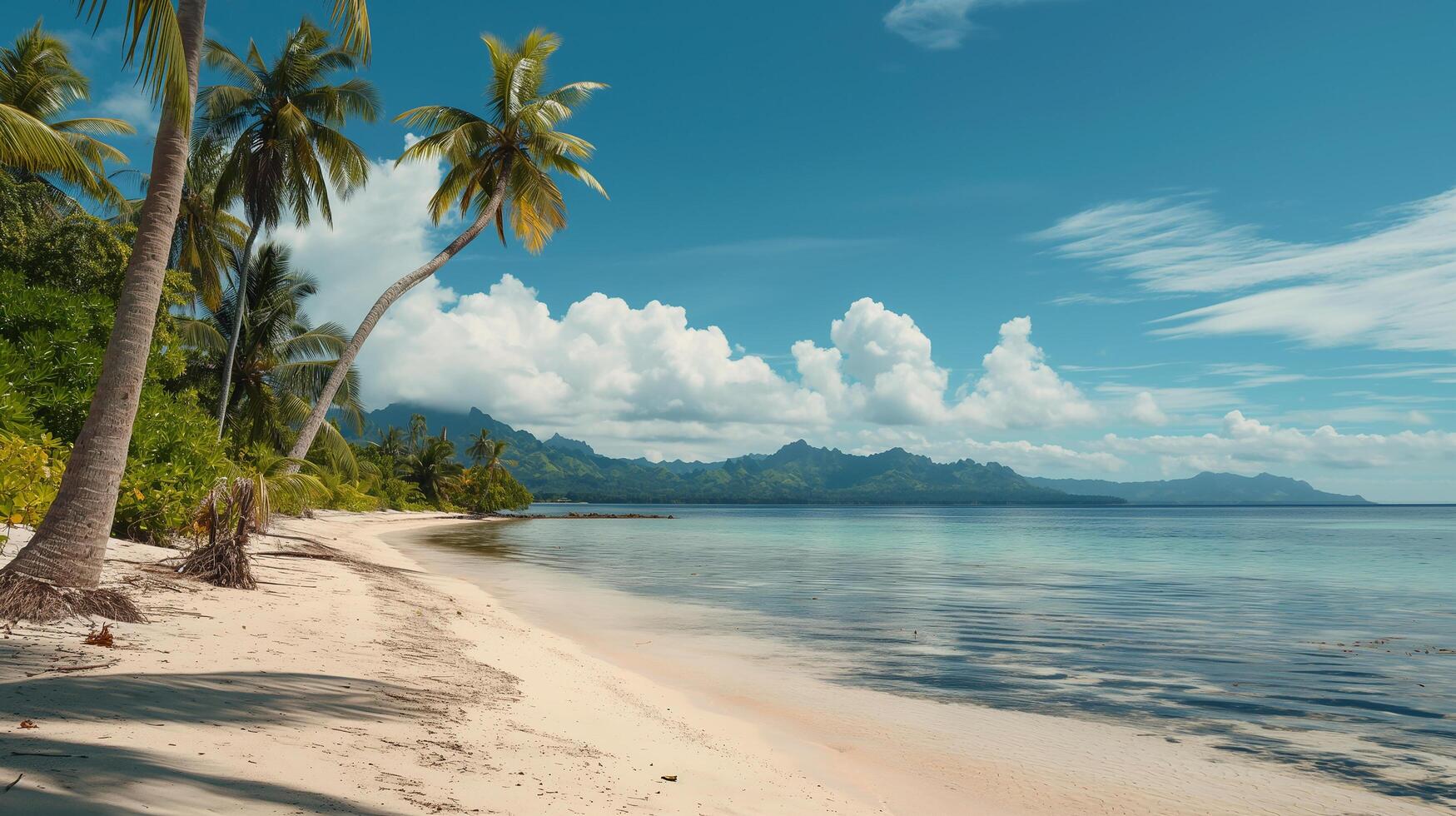 AI generated A beach with palm trees and water. Beach wallpaper photo