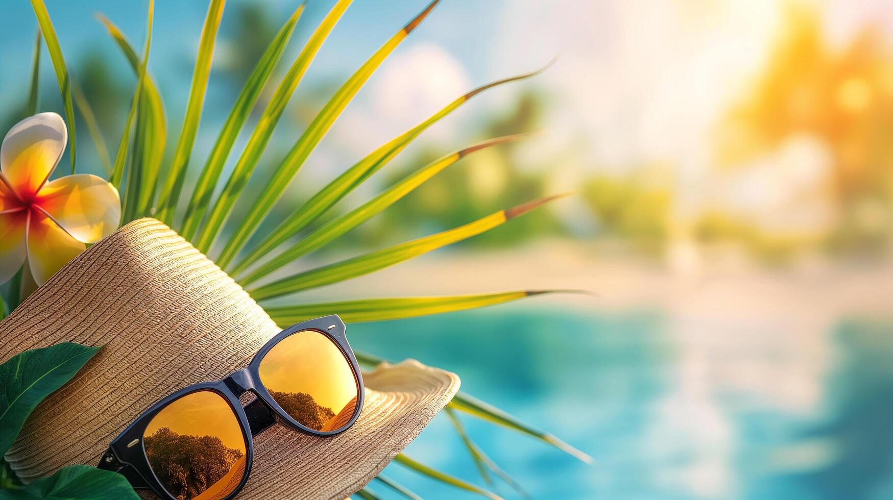 AI generated A hat and sunglasses on a beach with palm leaves framing a sunny seascape photo