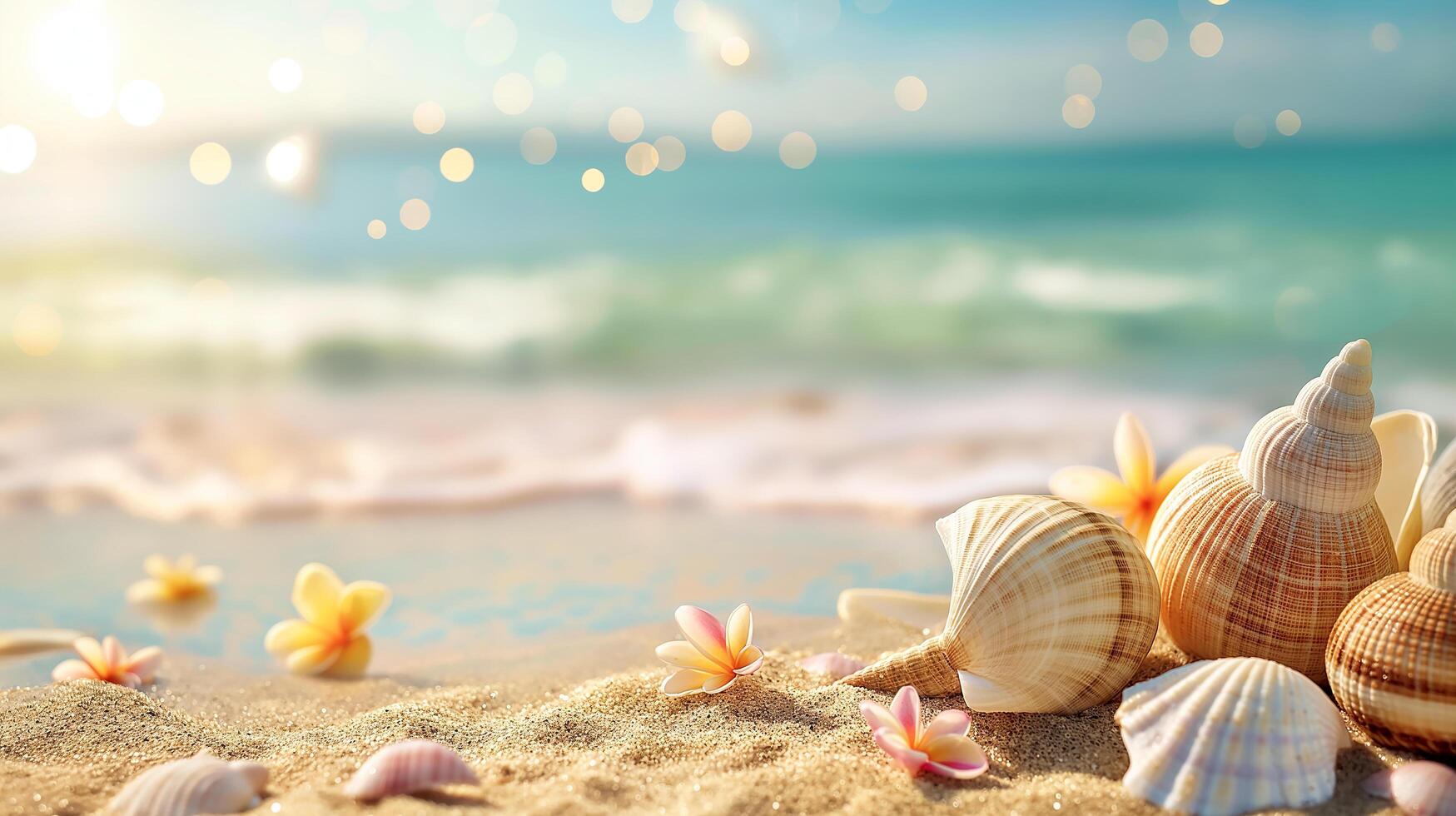 AI generated sea shells and starfish on sand on the sandy beach. Summer background photo