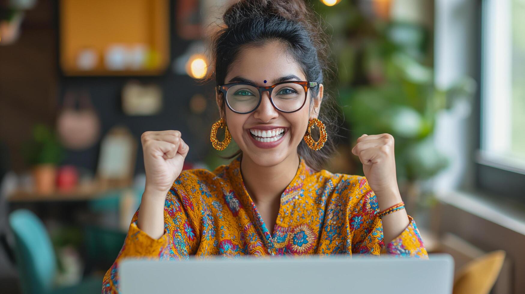 AI generated Portrait of a beautiful young woman working using computer laptop concentrated and smiling photo