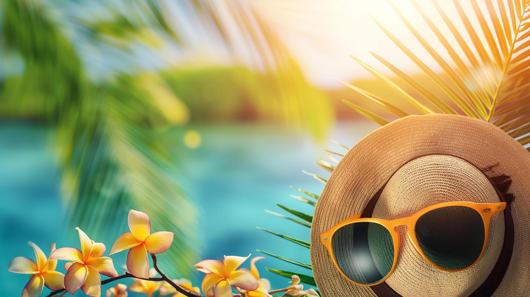 AI generated A hat and sunglasses on a beach with palm leaves framing a sunny seascape photo